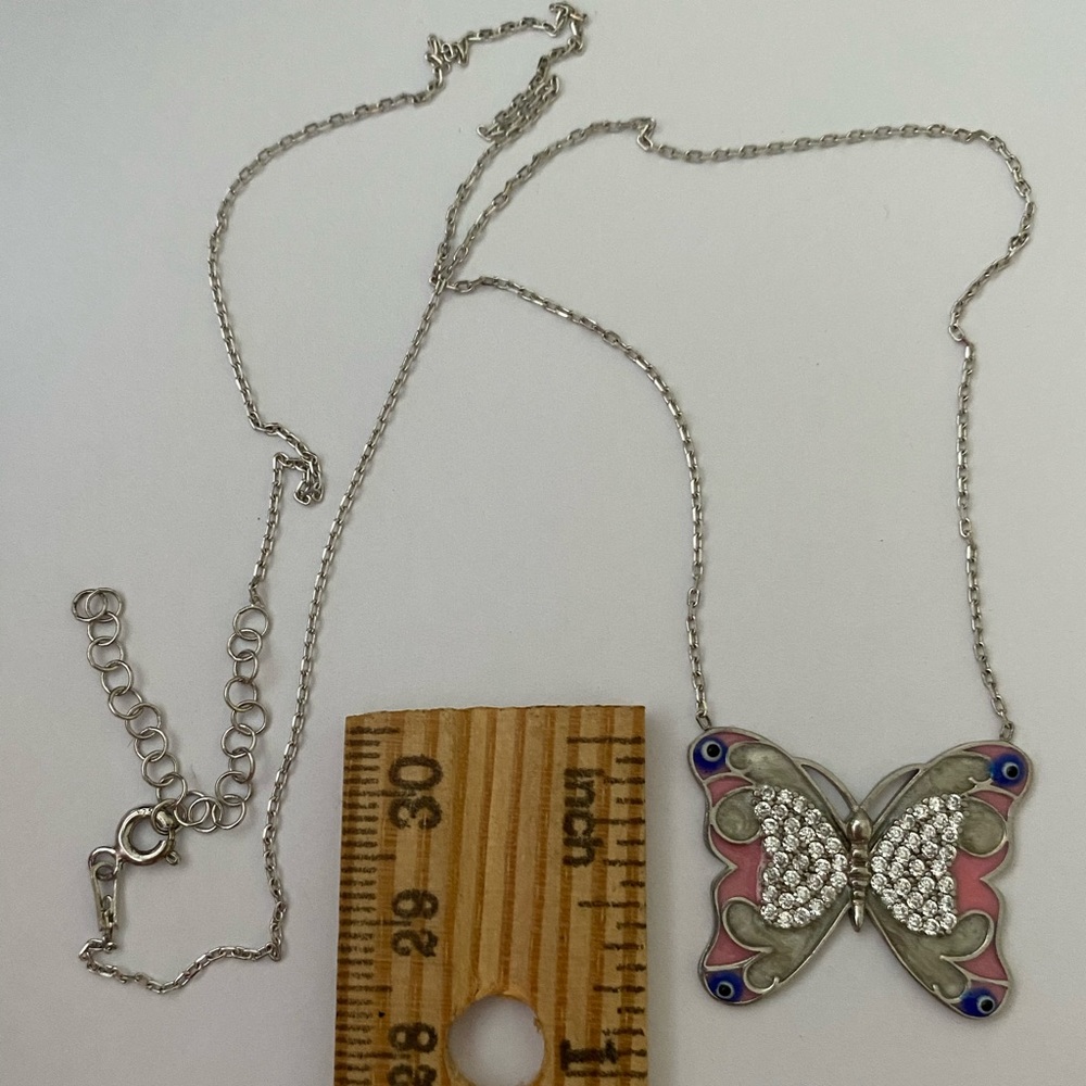 Pink butterfly evil eye silver pink cz necklace - Picture 2 of 2